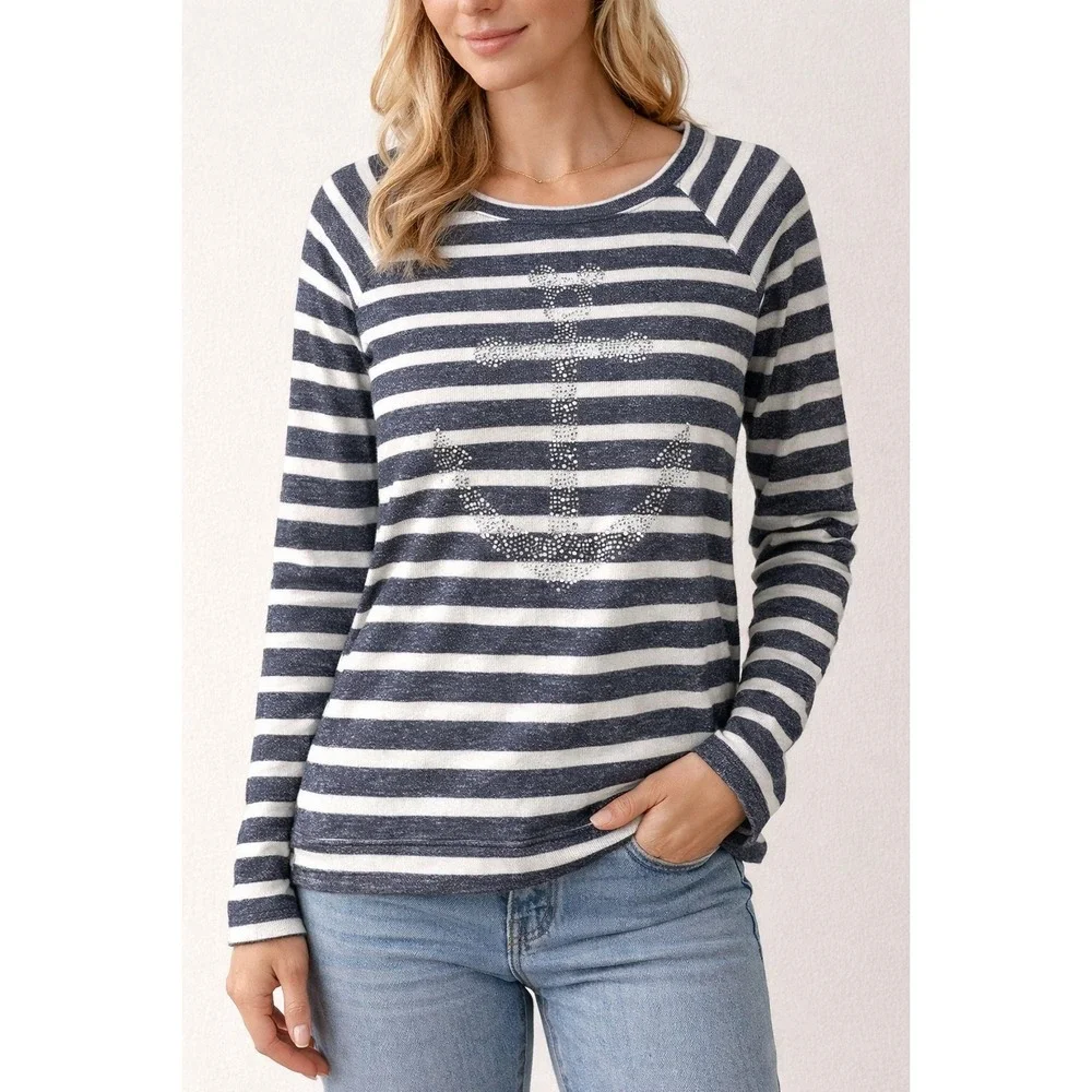 Disney Cruise Line Womens Striped Rhinestone Anchor Mickey Mouse‎ Top S Sparkly
